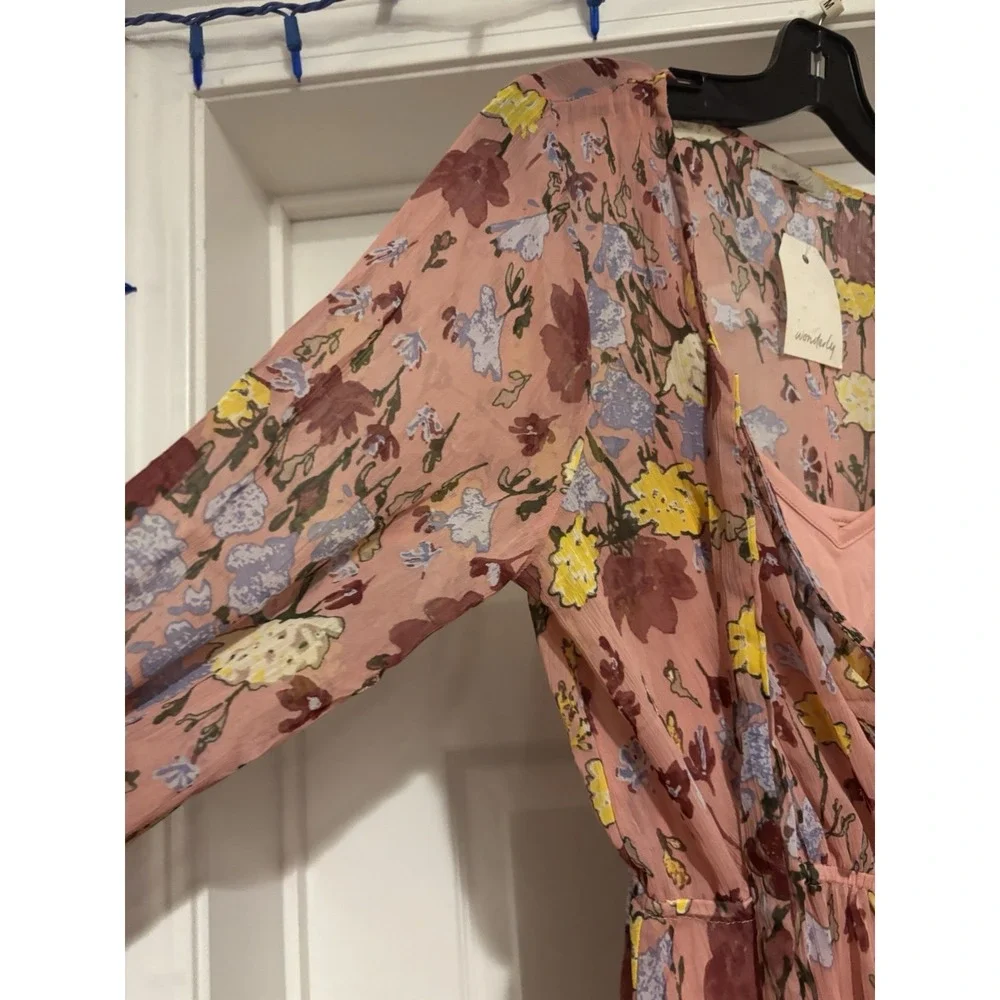 Wonderly Midi Dress Sheer Asymmetrical Hem Boho Flirty Pink Floral‎ Medium H245